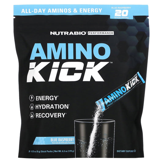 NutraBio, Amino Kick, Blue Raspberry, 20 Stick Packs, 0.32 oz (9 g) Each