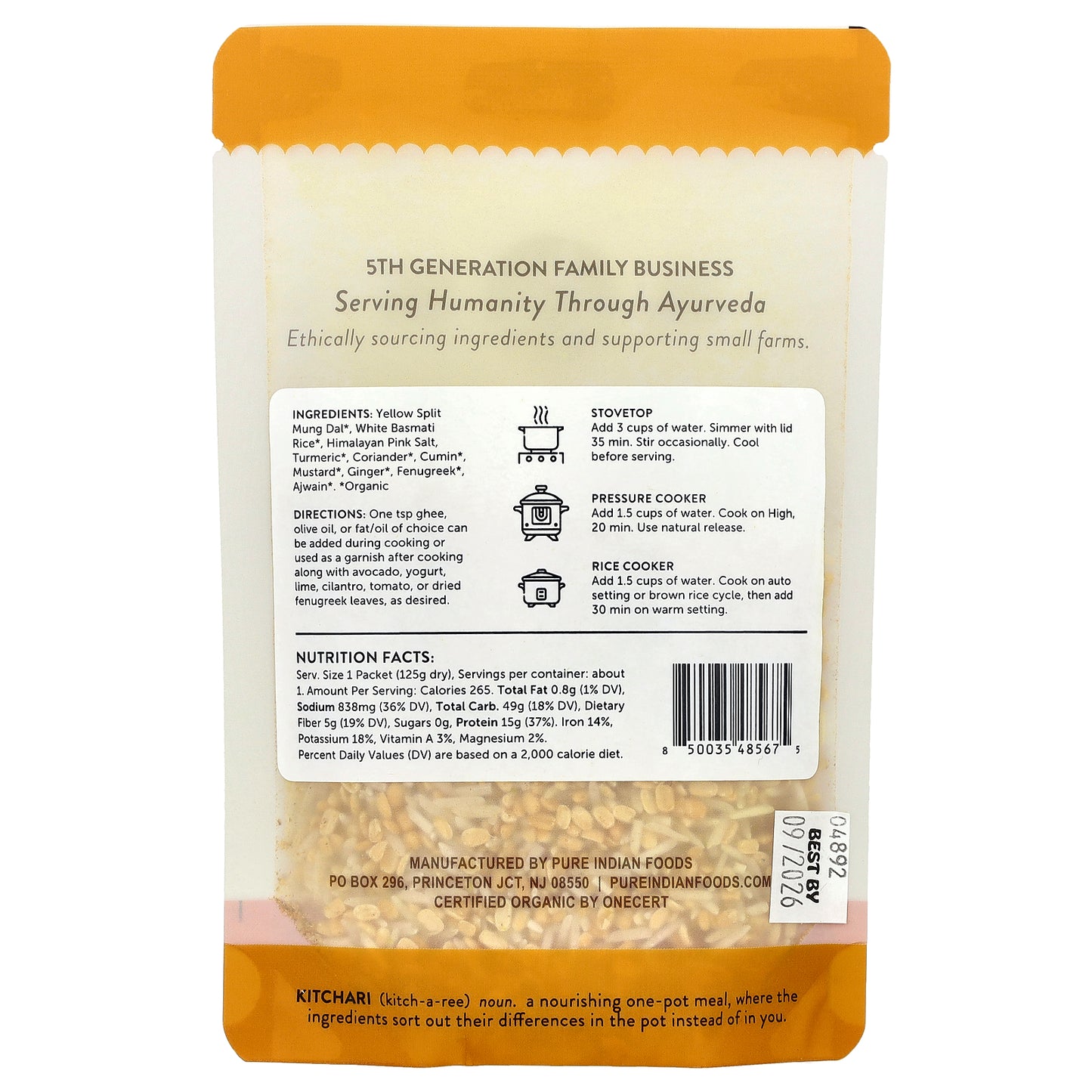 Pure Indian Foods, OnePot, Organic Kitchari, White Basmati Rice, Split Yellow Mung Dal, & Spices, 125 g