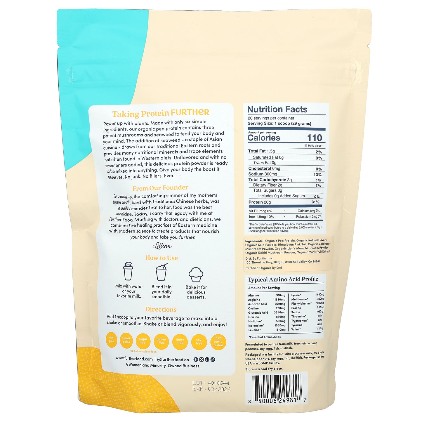 Further Food, Organic Plant-Based Protein + Mushrooms & Seaweed, Vanilla, 20.46 oz (580 g)