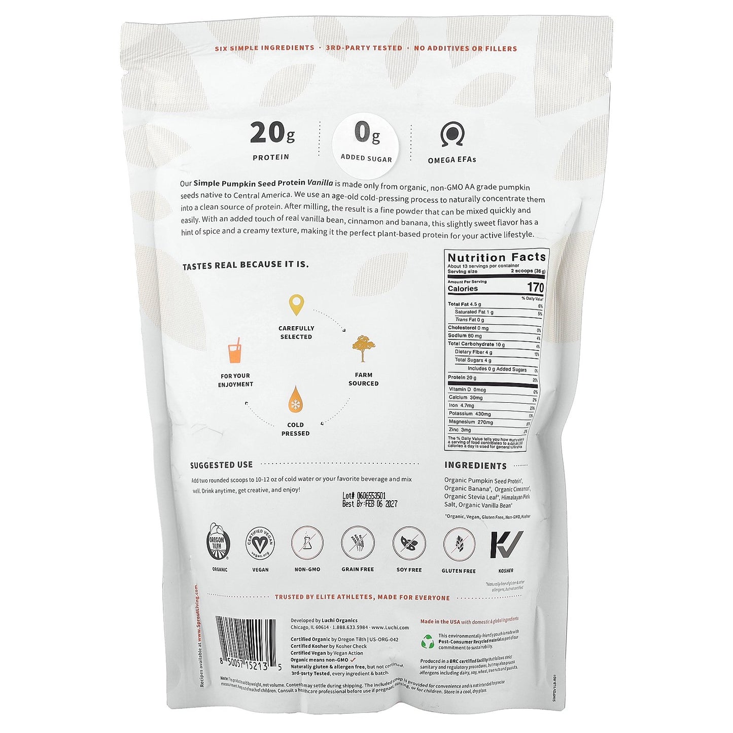 Sprout Living, Simple Pumpkin Seed Protein, Vanilla, 1 lb (454 g)