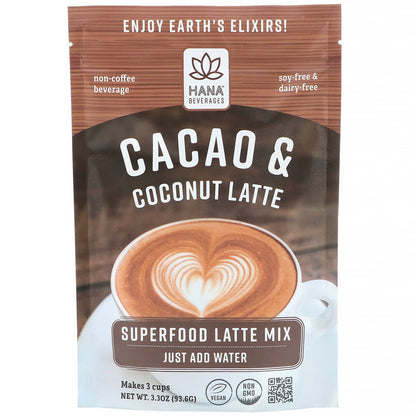 Hana Beverages, Cacao & Coconut Latte, Non-Coffee Superfood Beverage, 3.3 oz (93.6 g)