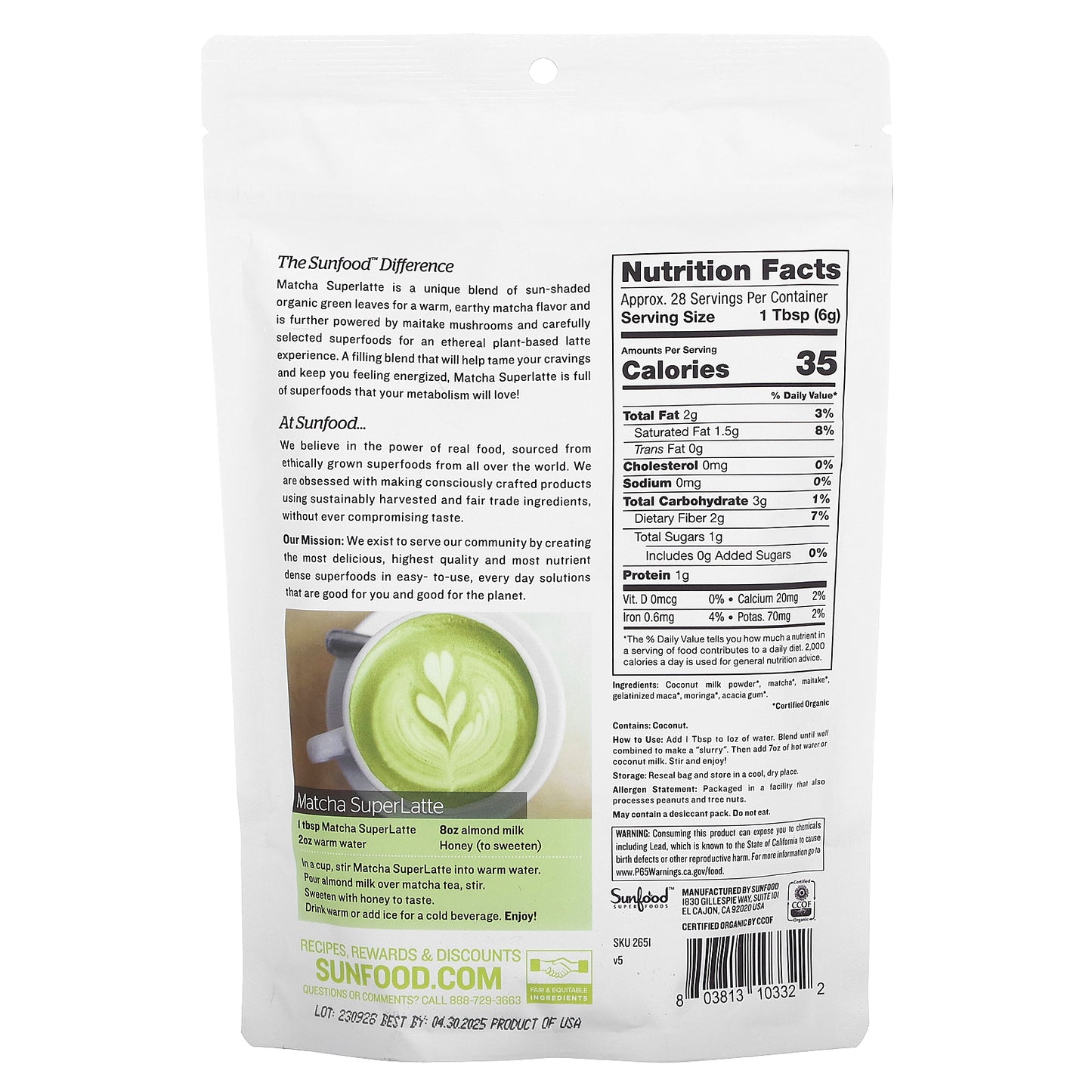 Sunfood, Organc Matcha Superlatte, 6 oz (170 g)