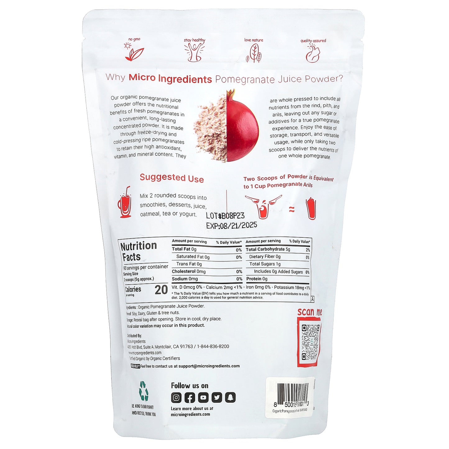 Micro Ingredients, Organic Freeze-Dried Pomegranate Juice Powder, 1 lb (454 g)