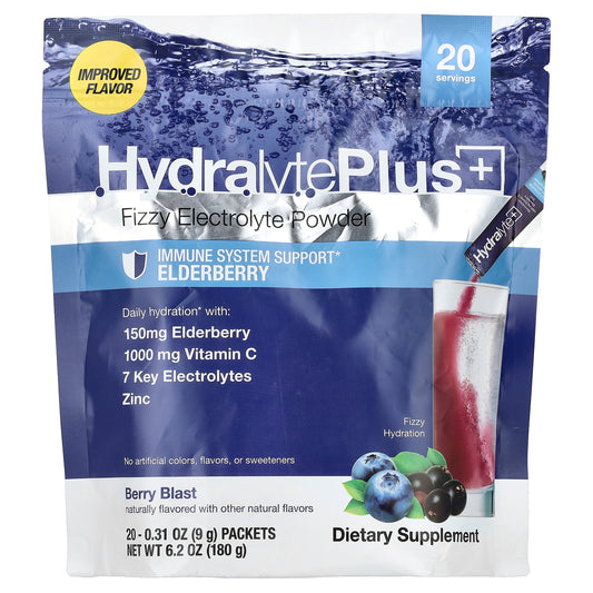 Hydralyte, Hydralyte Plus+, Fizzy Electrolyte Powder, Berry Blast, 20 Packets, 0.31 oz (9 g) Each