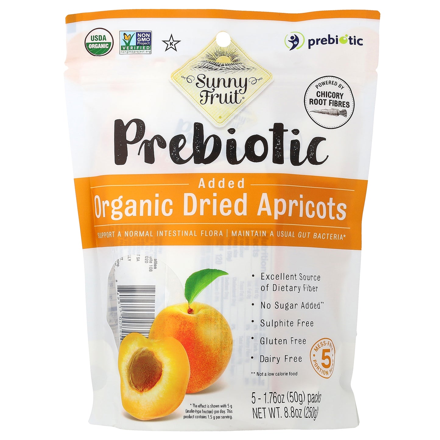 Sunny Fruit, Organic Dried Apricots With Added Prebiotics, 5 Packs, 1.76 oz (50 g) Each