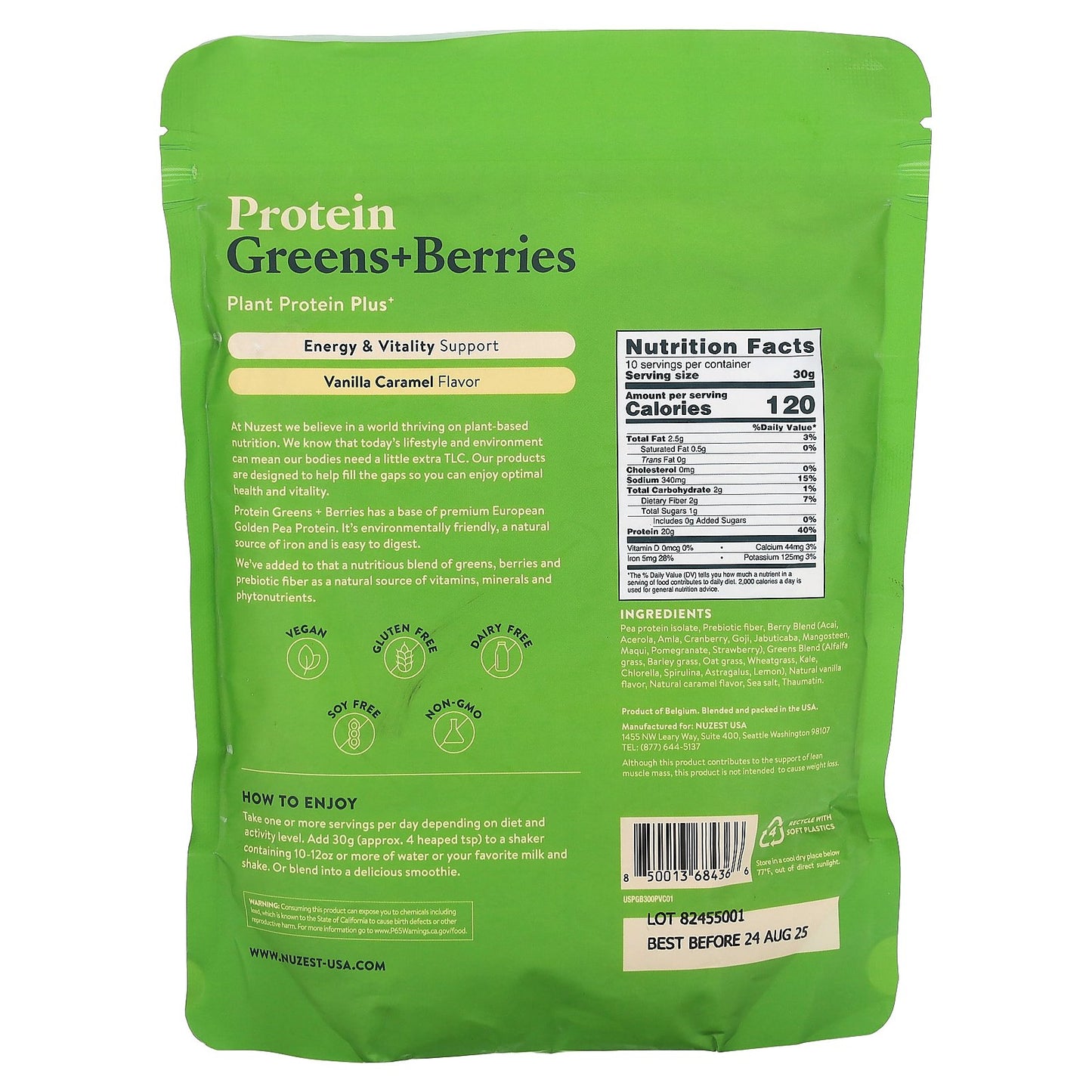 Nuzest, Protein Greens + Berries, Vanilla Caramel, 10.6 oz (300 g)