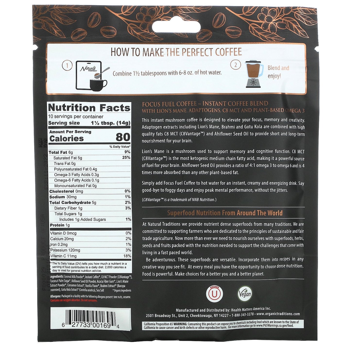 Organic Traditions, Focus Fuel Coffee, Instant Mushroom Coffee Blend, 5 oz (140 g)