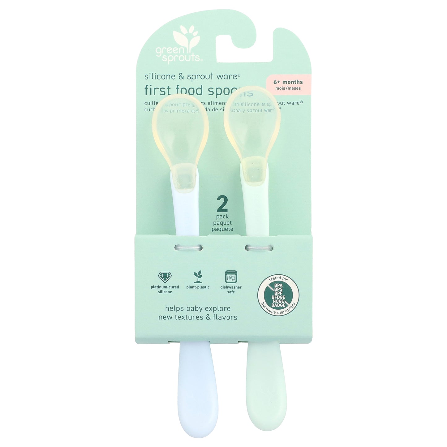 Green Sprouts, Silicone & Sprout Ware®, First Food Spoons, 6+ Months, Light Ealight, 2 Pack