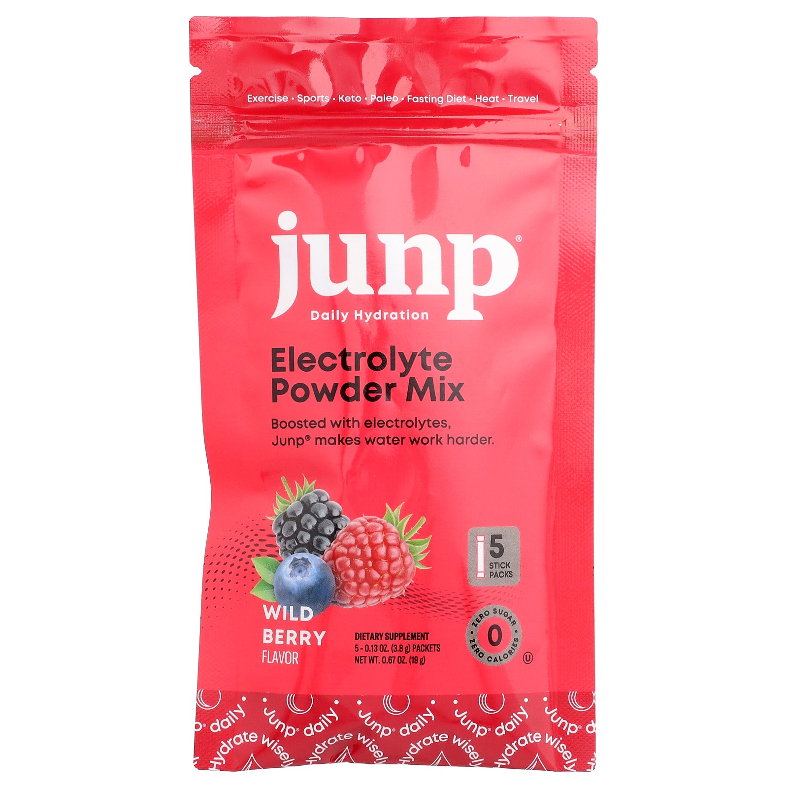 JUNP Hydration, Electrolyte Powder Mix, Wild Berry, 5 Stick Packs, 0.13 oz (3.8 g) Each