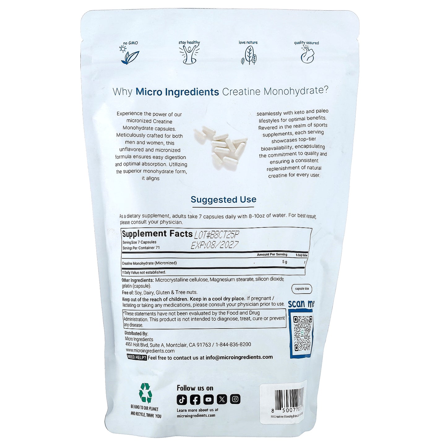 Micro Ingredients, Creatine Monohydrate, 500 Capsules (714.28 mg per Capsule)