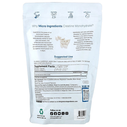 Micro Ingredients, Creatine Monohydrate, 500 Capsules (714.28 mg per Capsule)