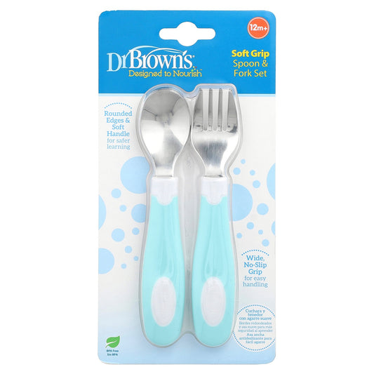 Dr. Brown's, Soft Grip Spoon & Fork Set, 12 Months +, Teal, 2 Piece Set