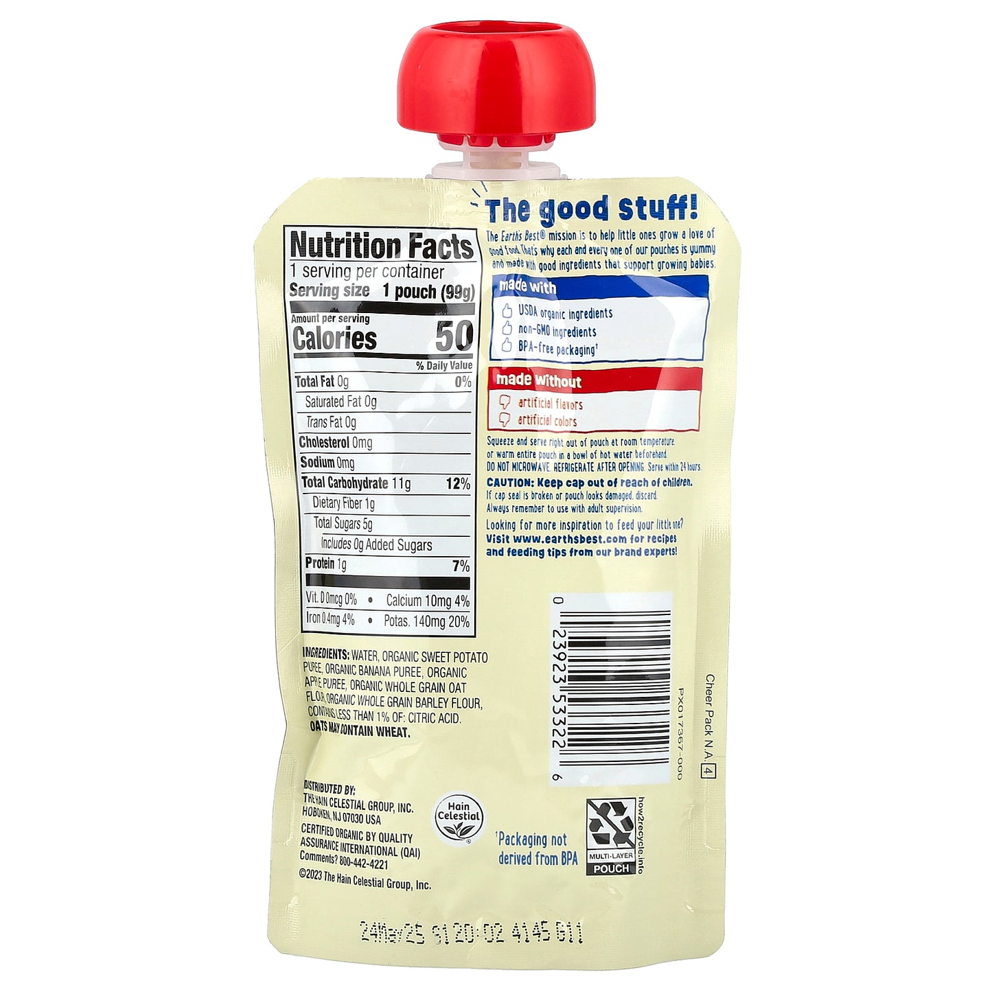 Earth's Best, Organic Fruit + Veggie Puree, 6+ Months, Sweet Potato Banana + Oat, 3.5 oz (99 g)