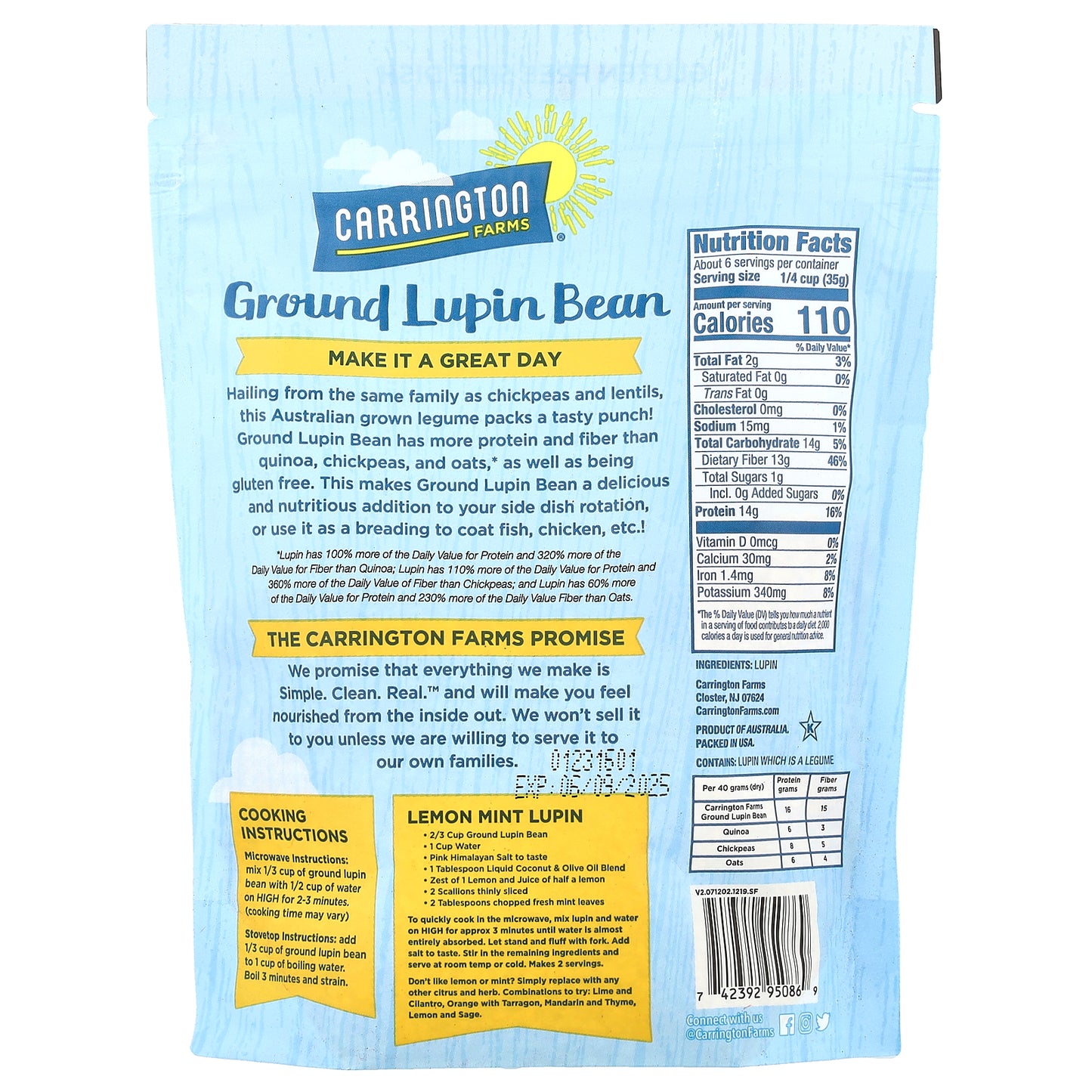 Carrington Farms, Ground Lupin Bean, Plain, 7 oz (198 g)