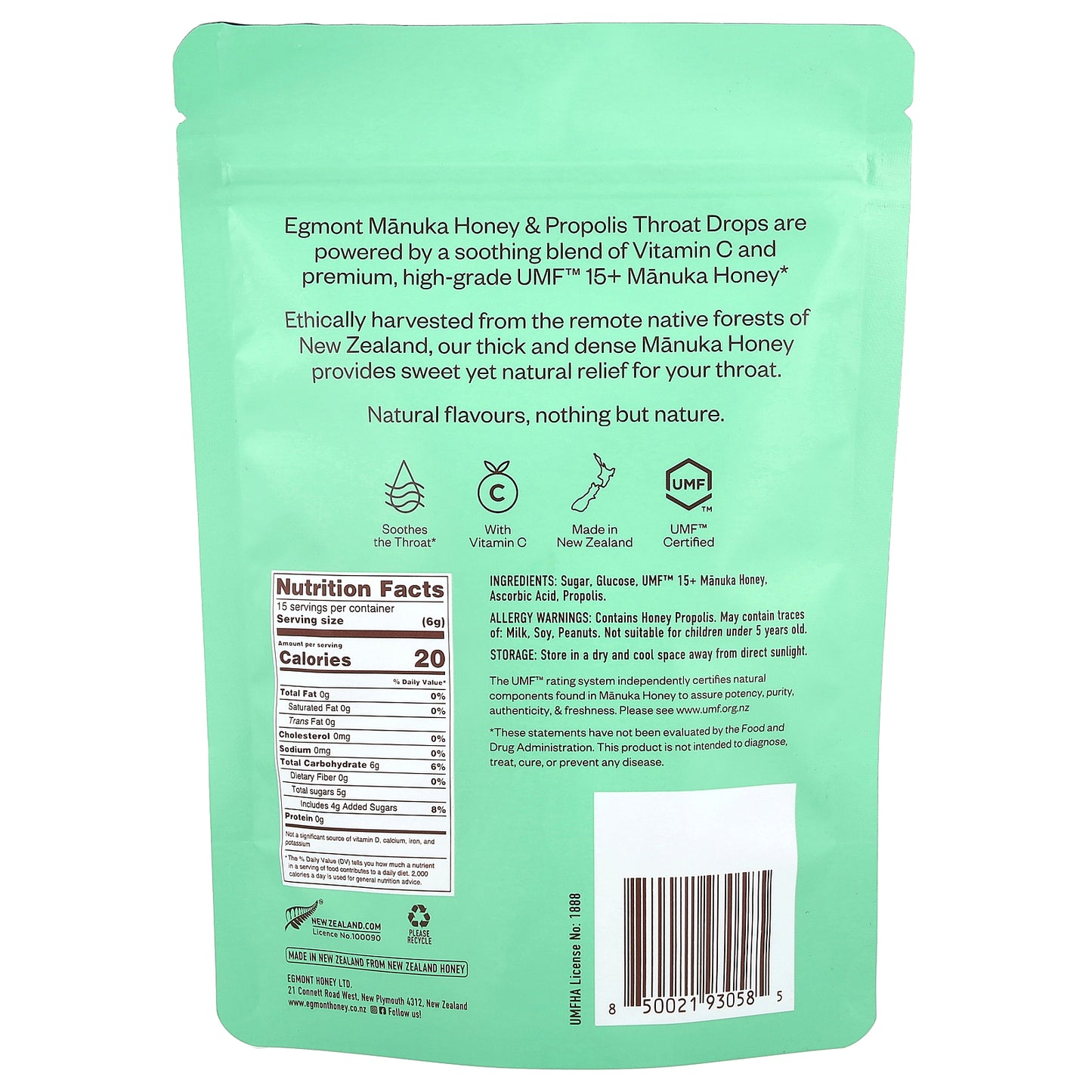 Egmont Honey, Manuka Honey & Propolis Throat Drops, UMF™ 15+, 15 Drops, 3.17 oz (90 g)