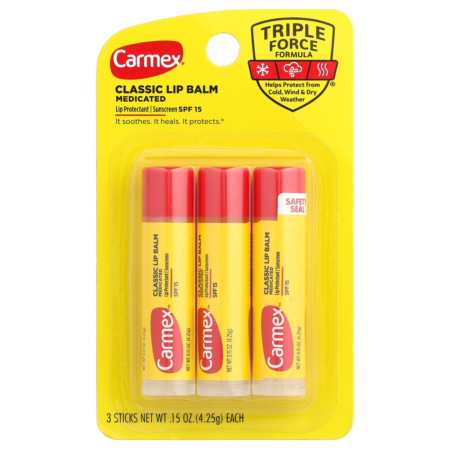 Carmex, Classic Lip Balm, Medicated, SPF 15, 3 Sticks, 0.15 oz (4.25 g) Each