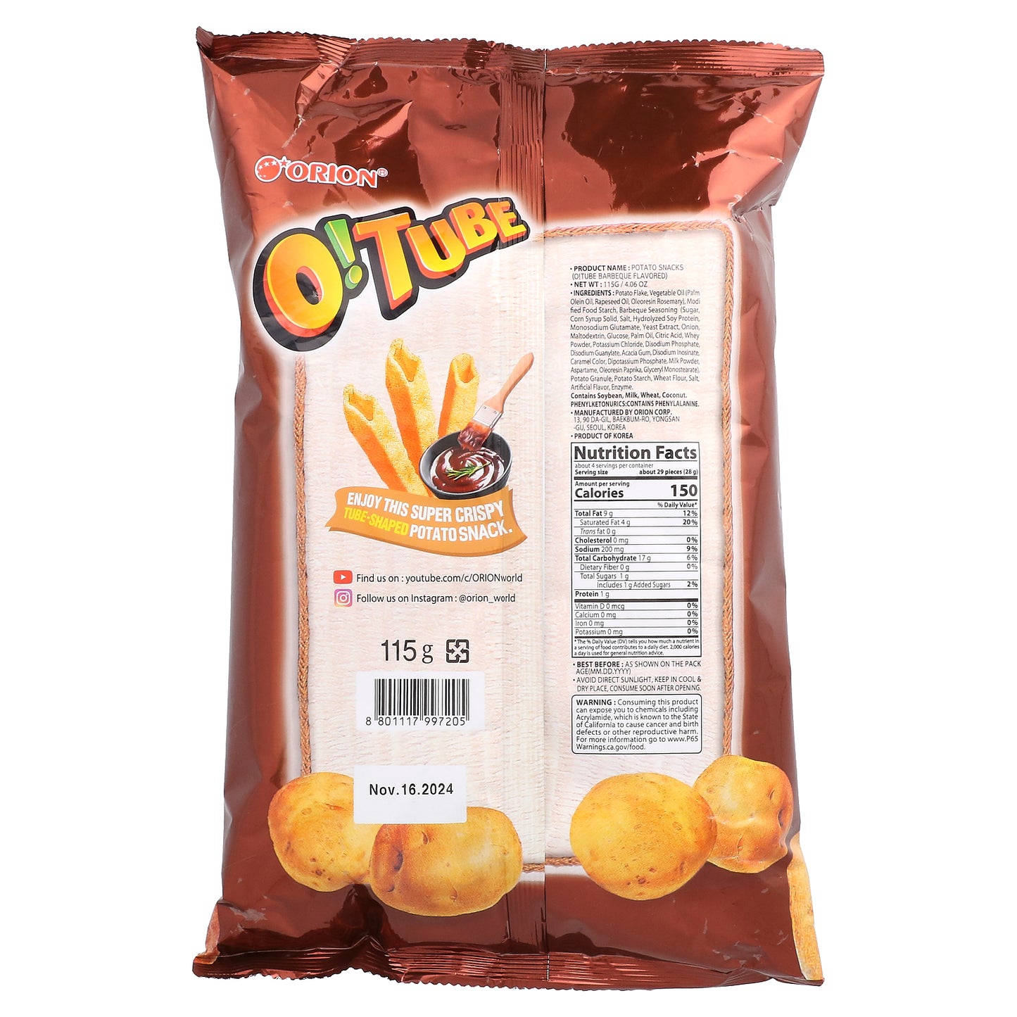 Orion, O! Tube, Potato Snacks, Barbeque, 4.06 oz (115 g)