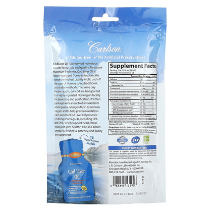 Carlson, Wild Norwegian Cod Liver Oil, Natural Lemon, 15 Liquid Packets, 0.17 fl oz (5 ml) Each