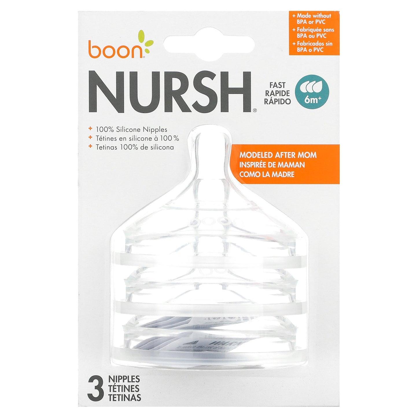 Boon, Nursh, Silicone Nipples, Fast, 6 Months +, 3 Nipples