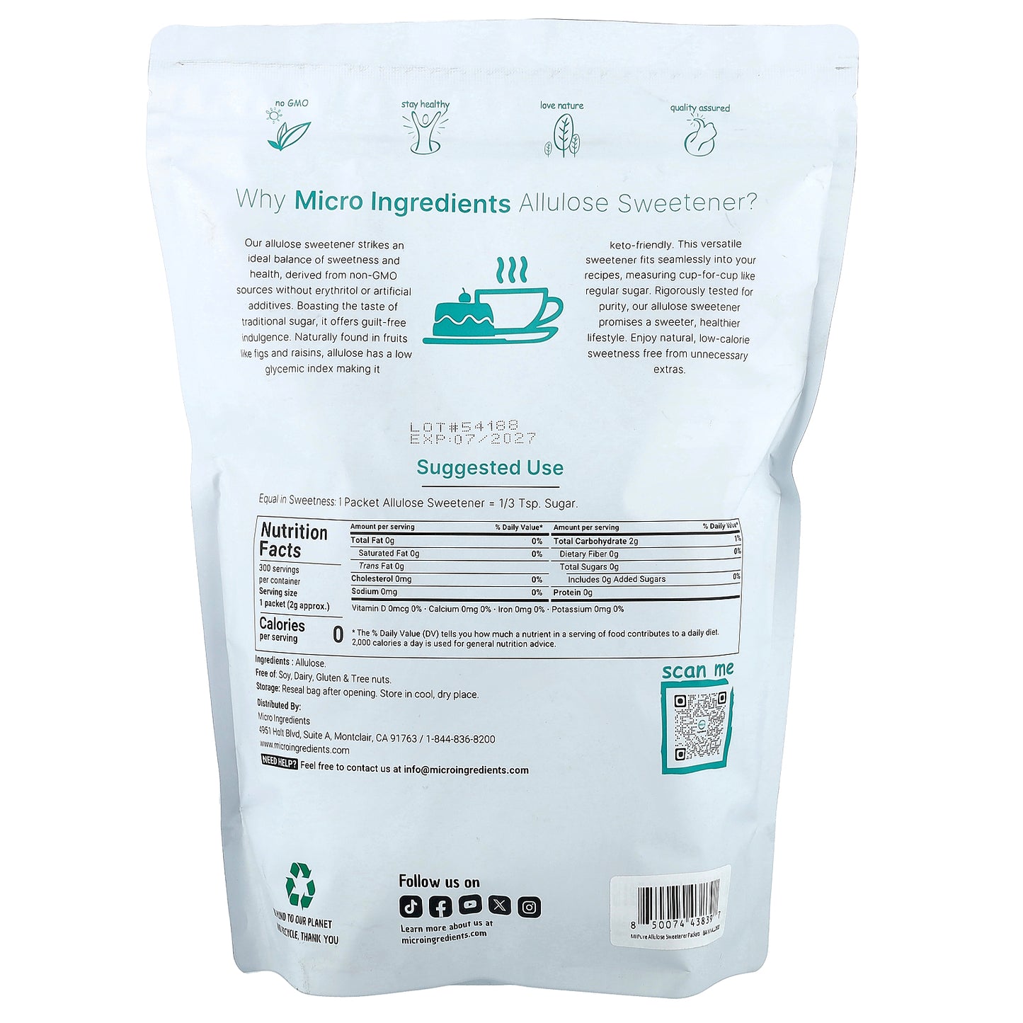 Micro Ingredients, Allulose Sweetener, 300 Packets, 0.07 oz (2 g) Each