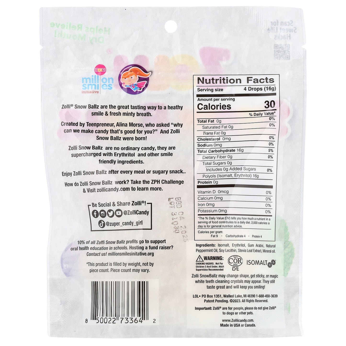 Zollipops, Zolli® Snow Ballz, Naturally Strong Peppermint, Approx. 22 Pieces, 3.1 oz (88 g)