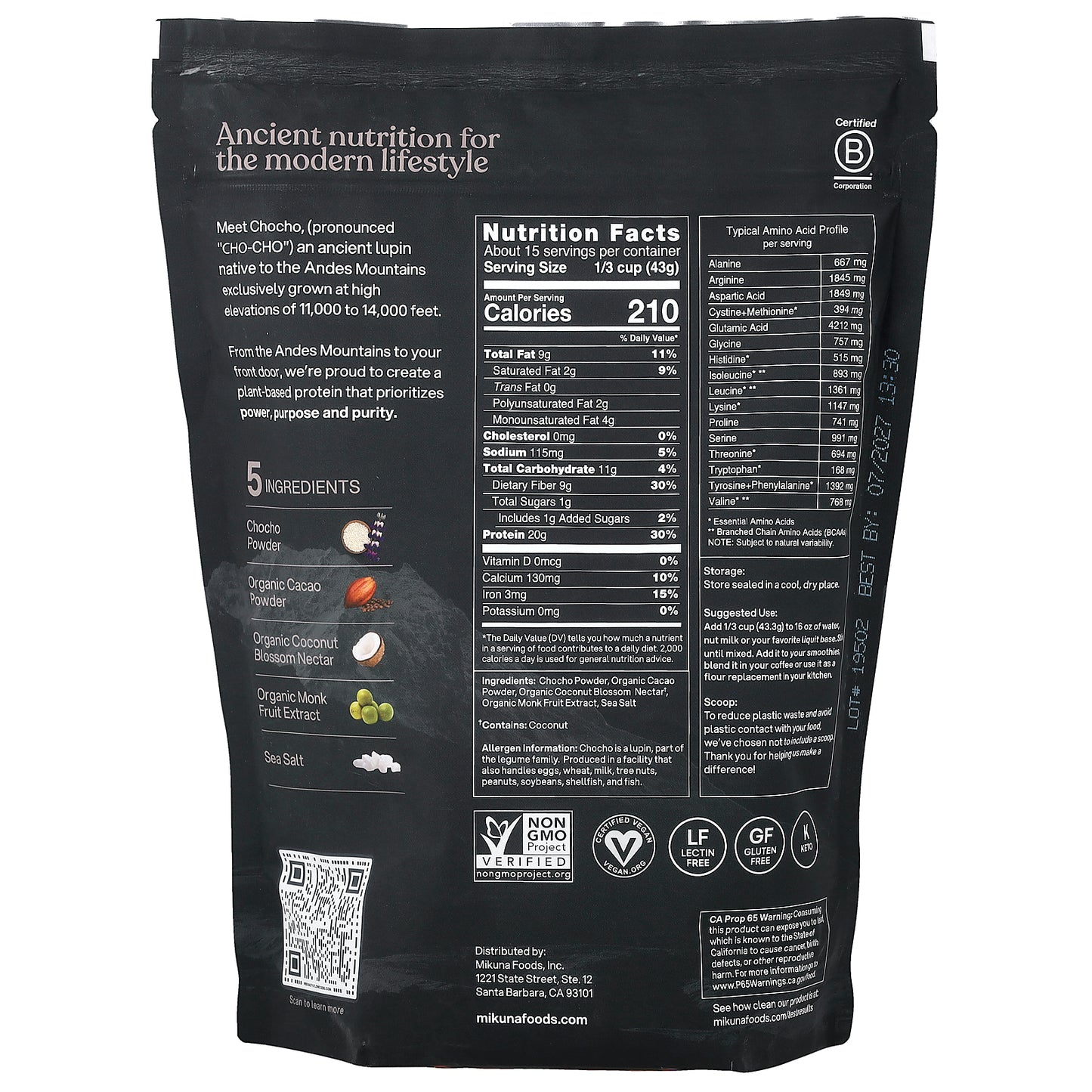 MIKUNA, Chocho Plant Protein Powder, Cacao, 1.42 lbs (645 g)