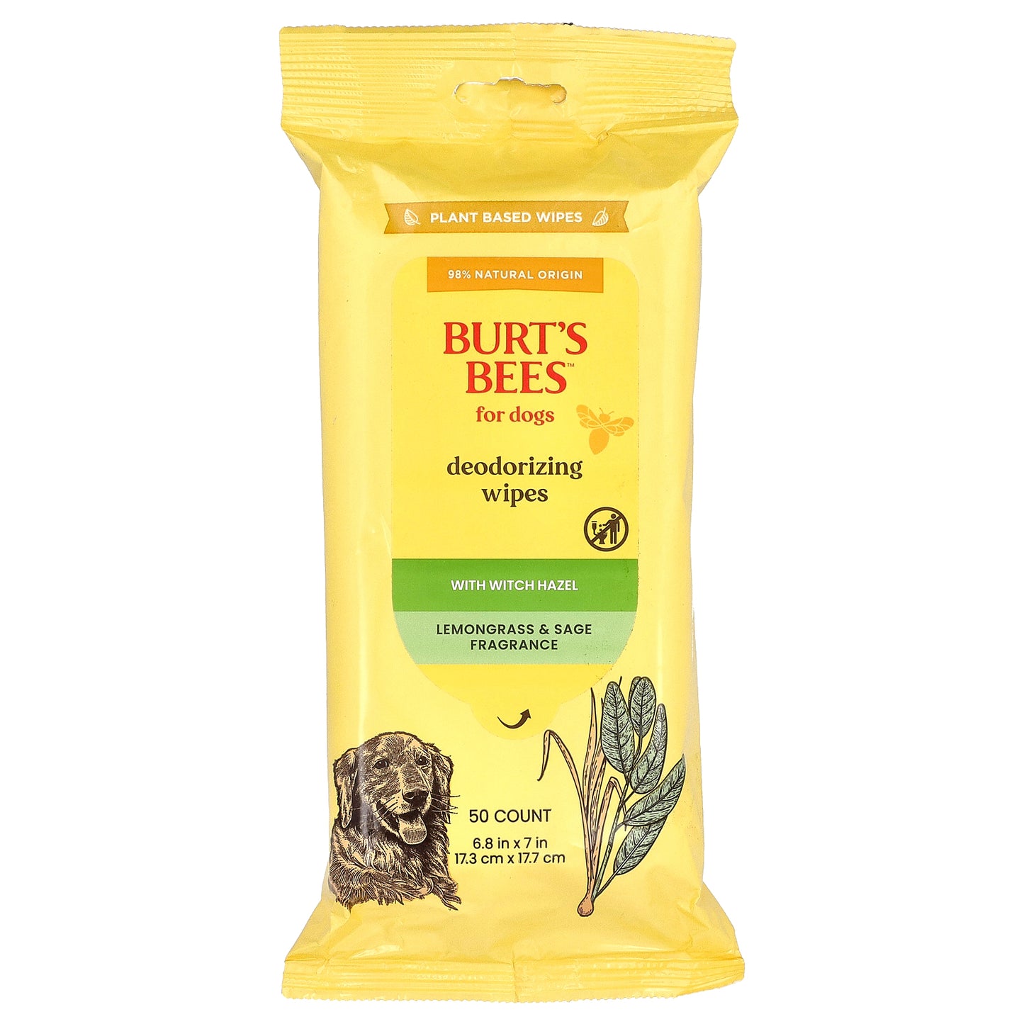 Burt's Bees, Deodorizing Wipes with Witch Hazel, For Dogs, Lemongrass & Sage, 50 Count