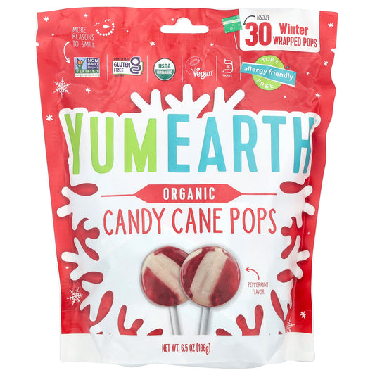 YumEarth, Organic Candy Cane Pops, Peppermint, 30 Winter Wrapped Pops, 6.5 oz (186 g)