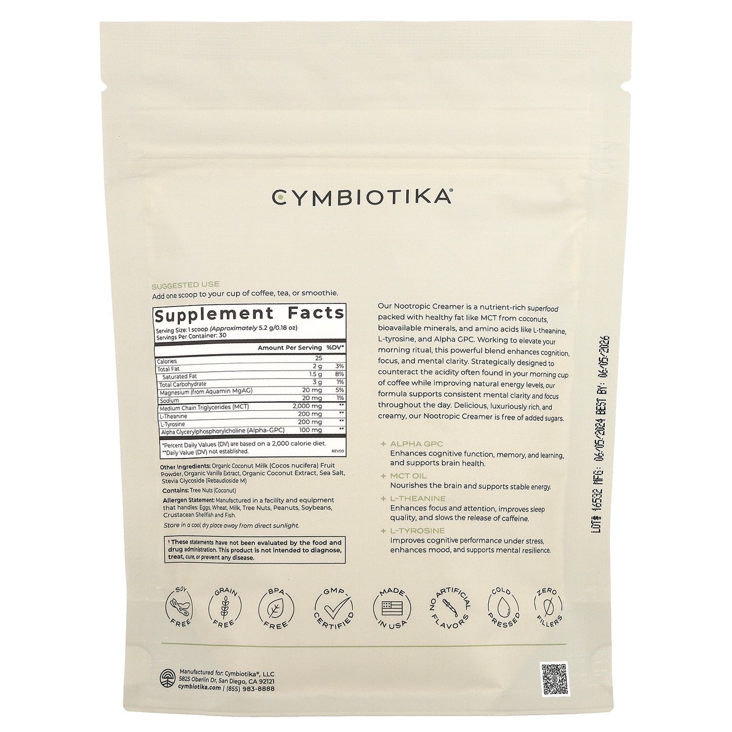 Cymbiotika, Nootropic Creamer, Coconut Vanilla, 0.35 lbs (157 g)