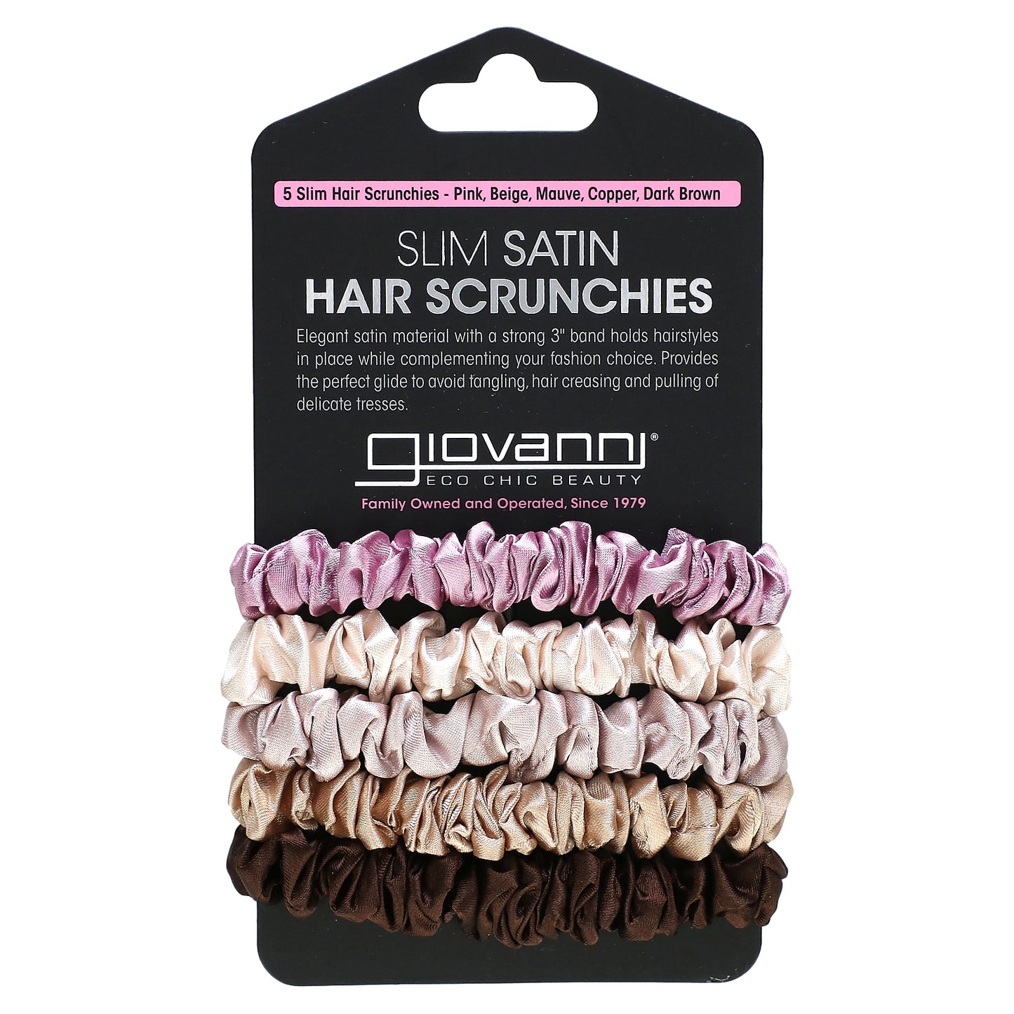 Giovanni, Slim Satin Hair Scrunchies, Pink, Beige, Mauve, Copper, Dark Brown, 5 Scrunchies