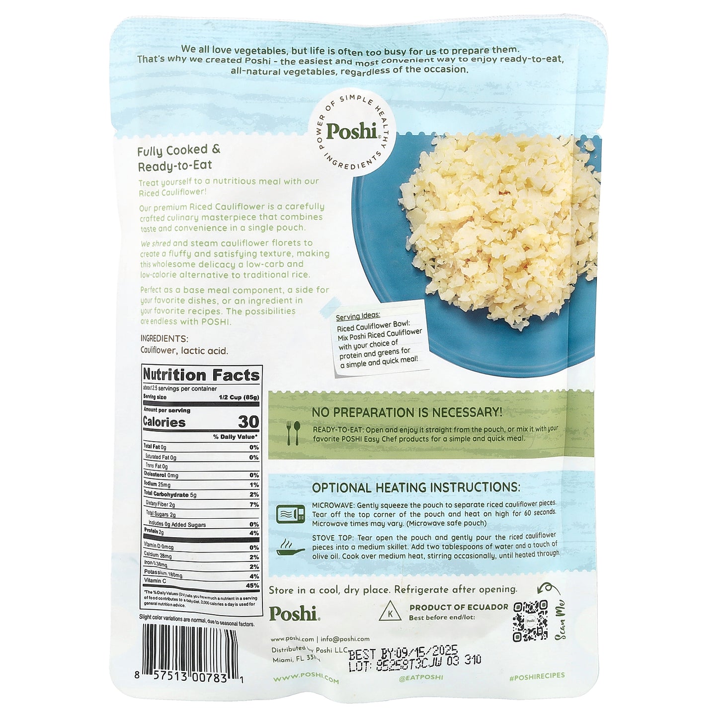 Poshi, Easy Chef, Steamed Rice Cauliflower, 7 oz (198 g)