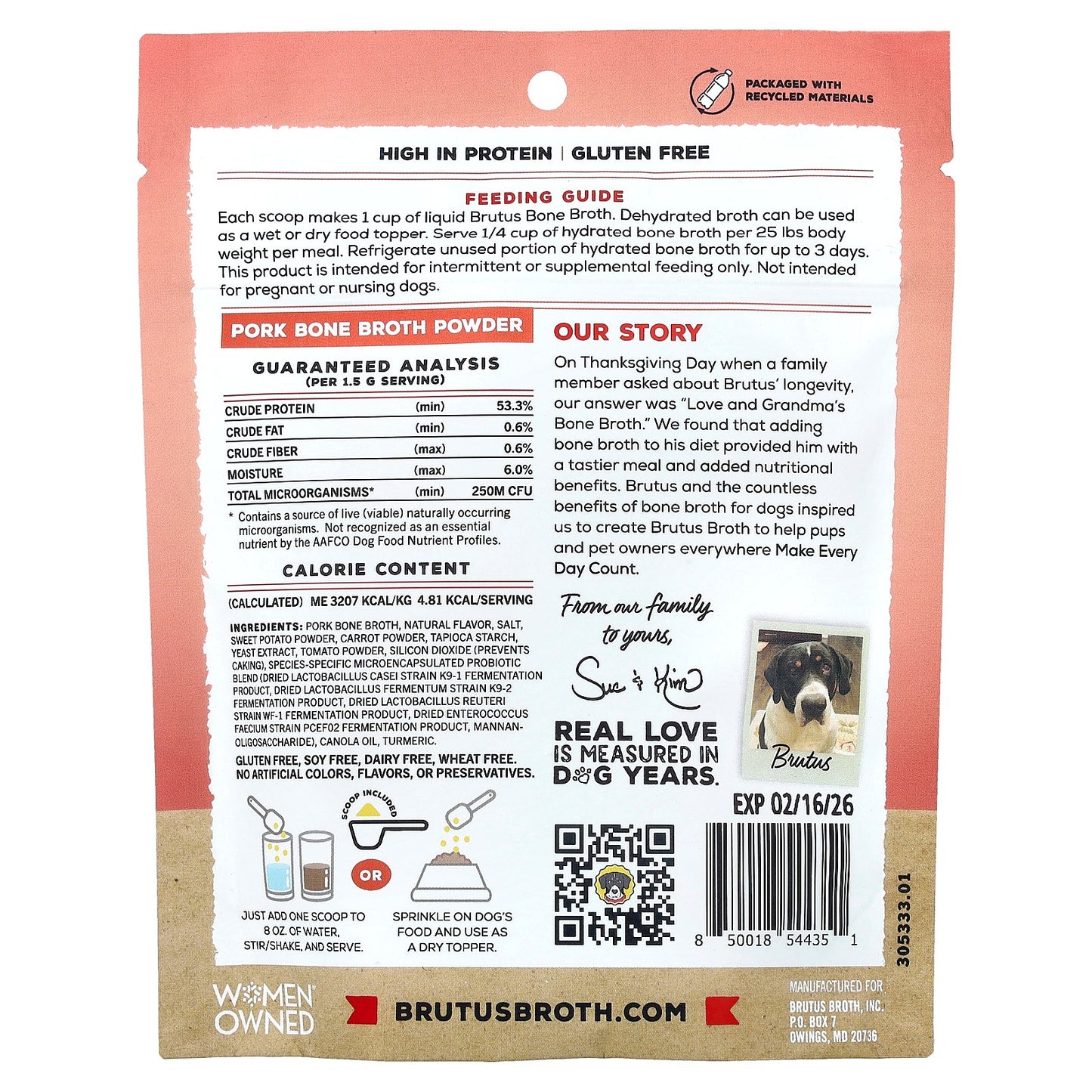 Brutus Bone Broth, Probiotic, Pork Bone Broth Powder, For Adult Dogs, 3.5 oz (99 g)