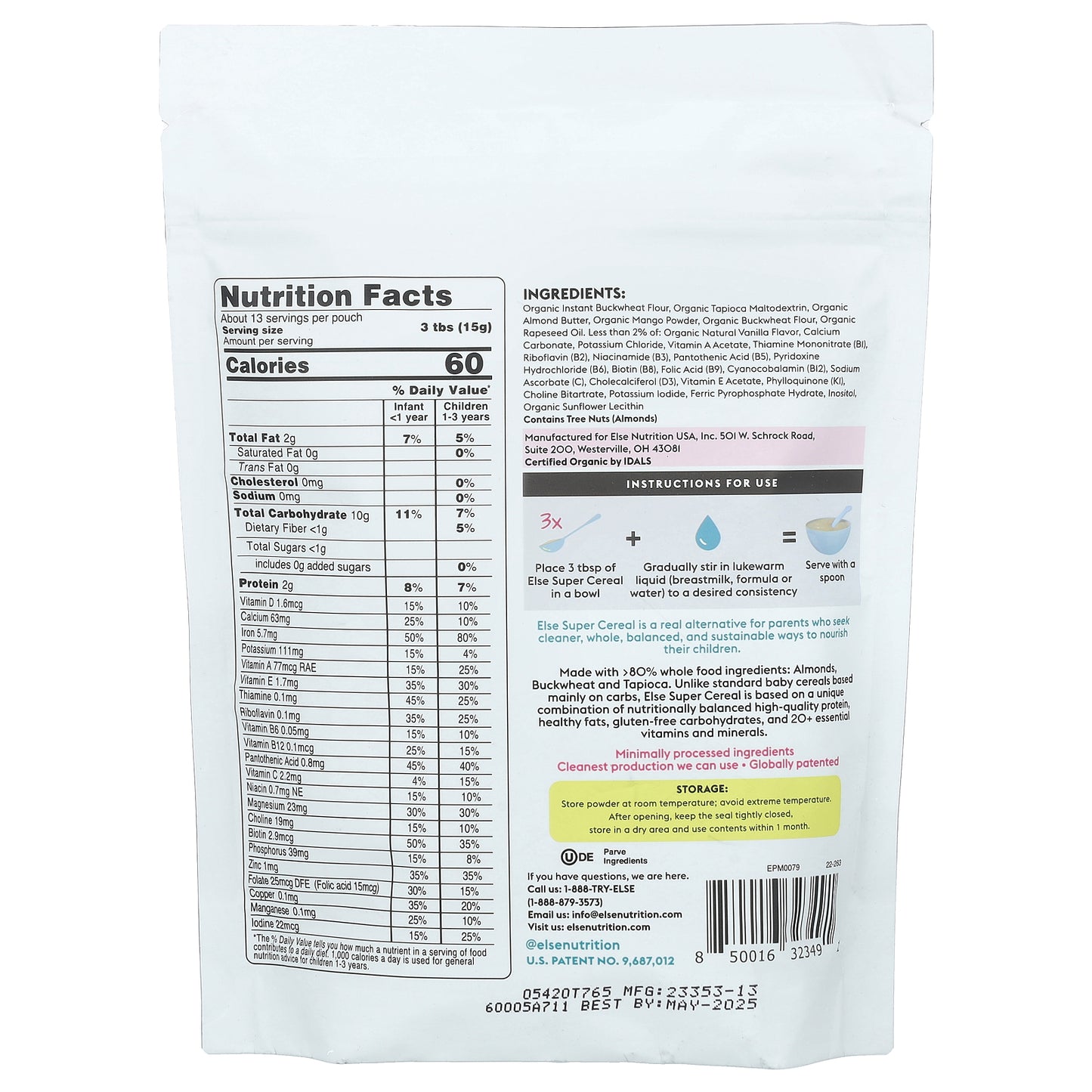 Else, Baby, Plant-Powered Almonds & Buckwheat Super Cereal, 6 Months+, Mango, 7 oz (198 g)