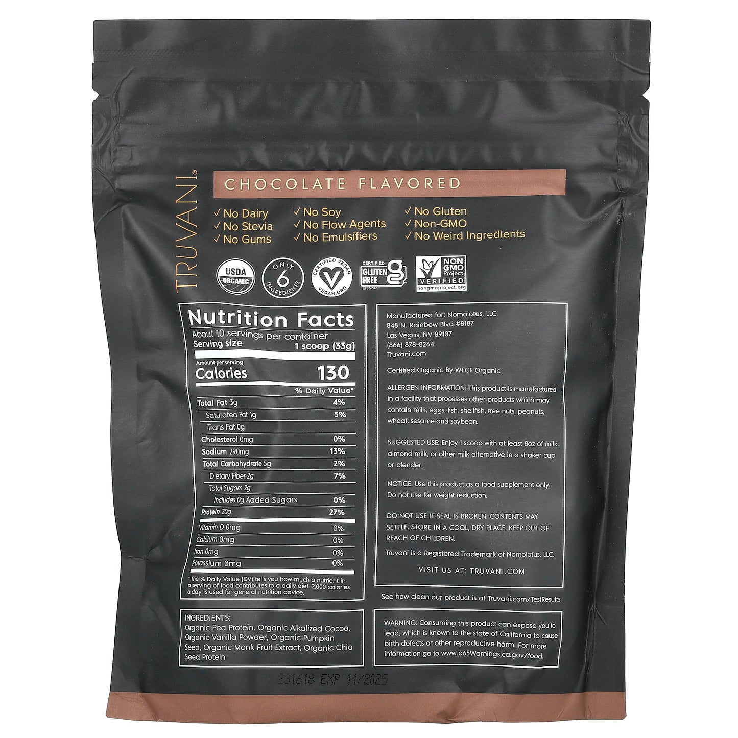 Truvani, Plant Based Protein, Chocolate, 0.74 lbs (335 g)