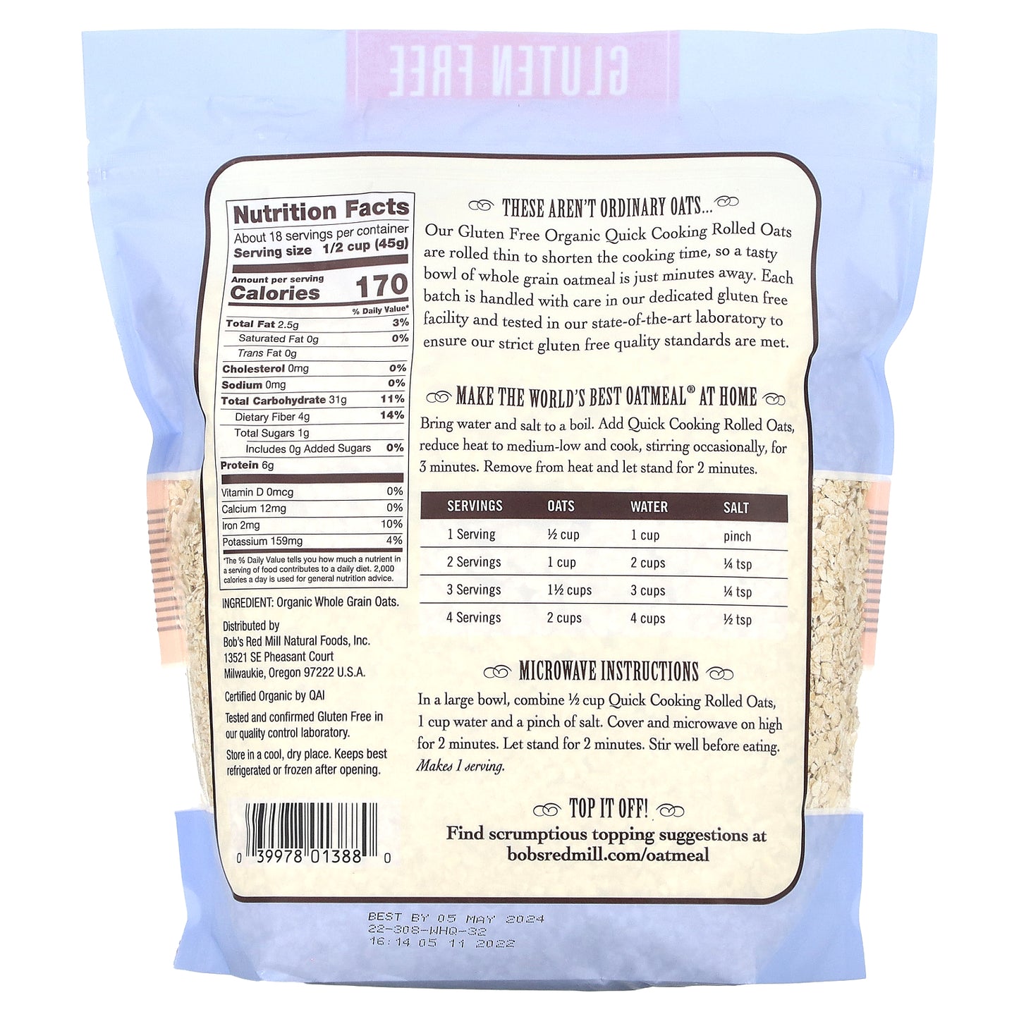 Bob's Red Mill, Organic Quick Cooking Rolled Oats, 1 lb 12 oz (794 g)