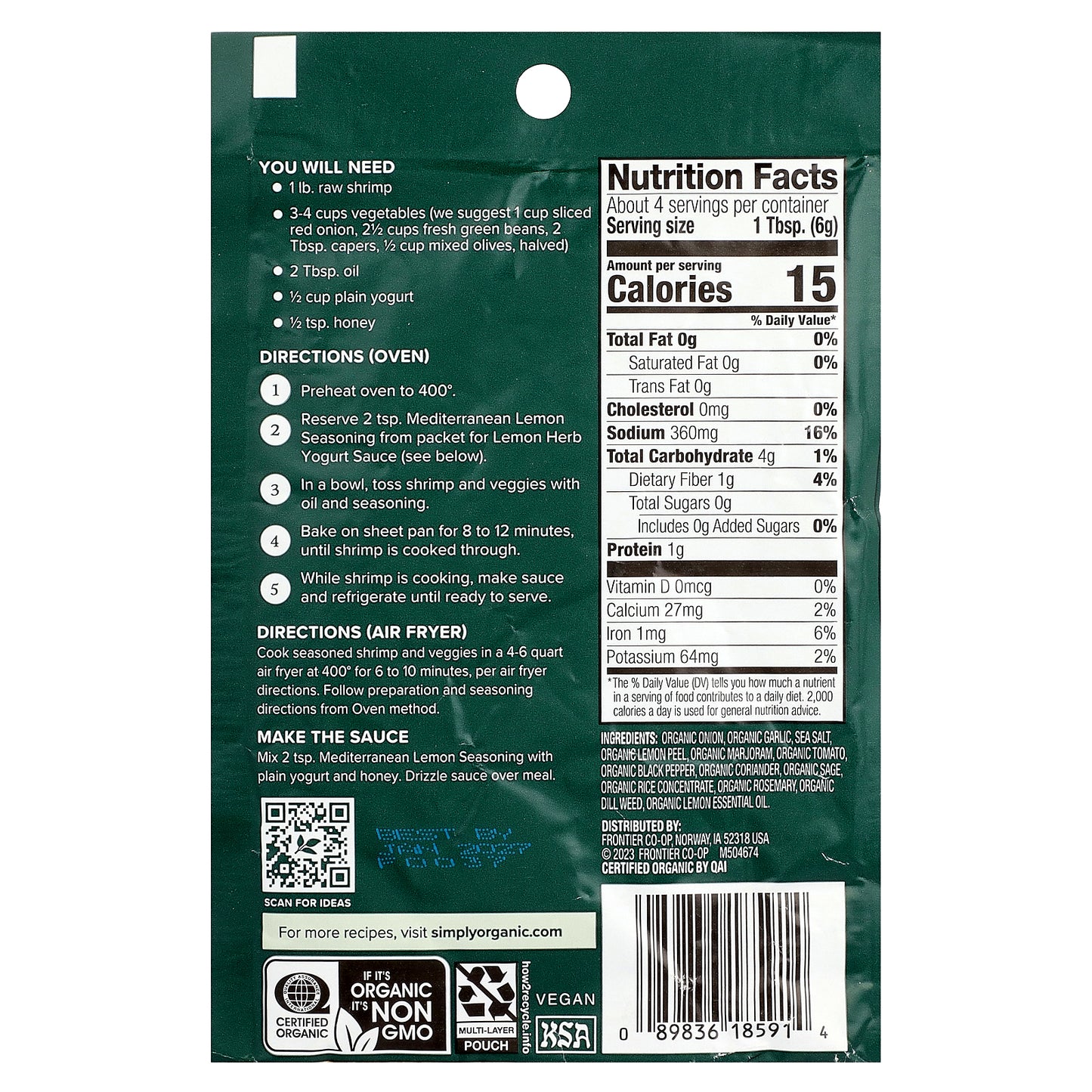 Simply Organic, Sheet Pan Seasoning Mix, Mediterranean Lemon, 0.85 oz (24 g)