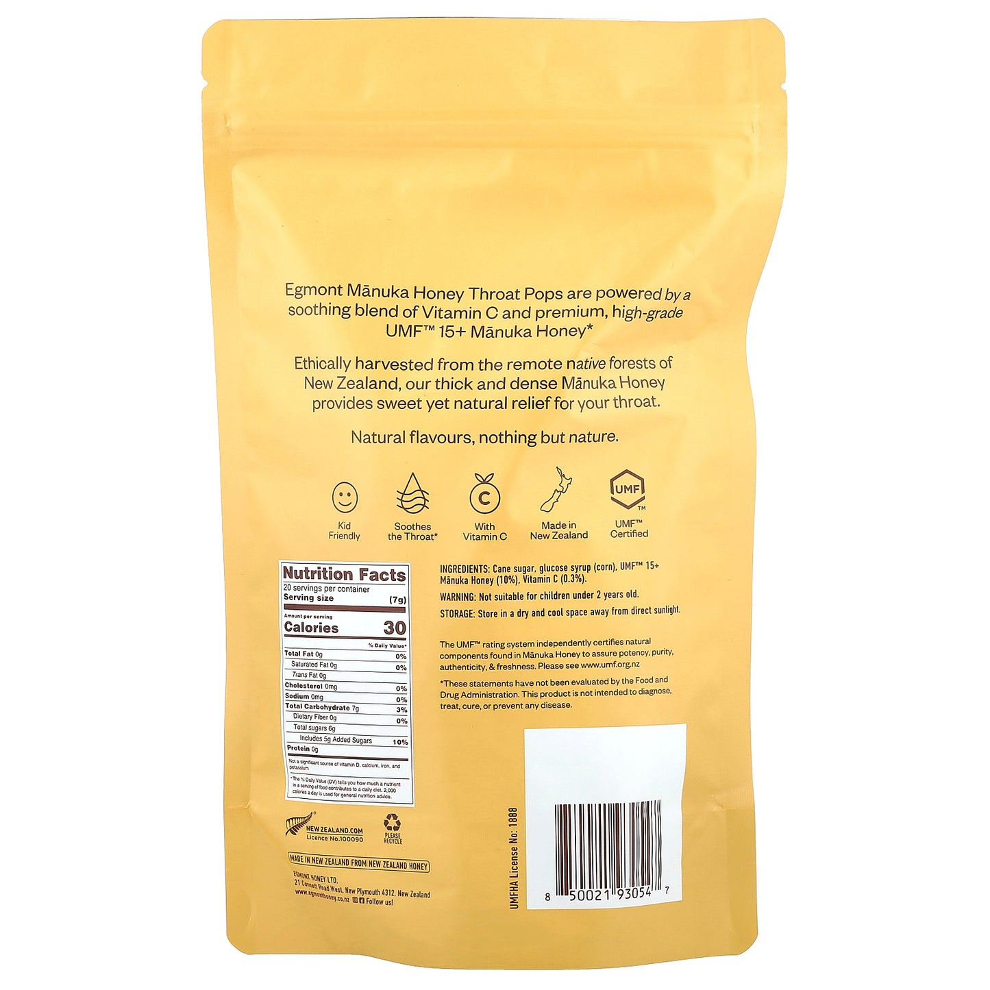 Egmont Honey, Manuka Honey Throat Pops, UMF™ 15+, 20 Throat Pops, 4.94 oz (140 g)