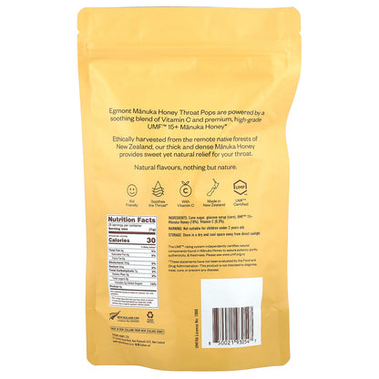 Egmont Honey, Manuka Honey Throat Pops, UMF™ 15+, 20 Throat Pops, 4.94 oz (140 g)