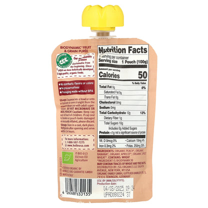 Holle, Organic Fruit & Grain Puree, Panda Peach, 8+ Months, Peach, Apricot, Banana With Spelt, 3.5 oz (100 g)