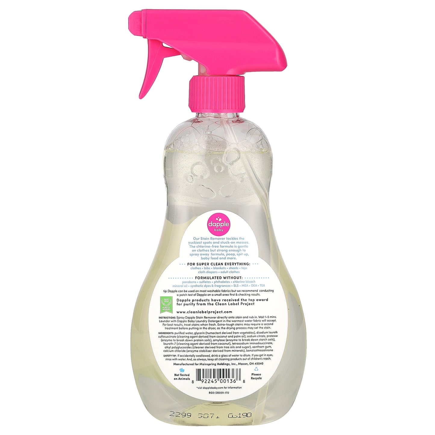 Dapple Baby, Stain Remover Spray, Fragrance Free, 16.9 fl oz (500 ml)