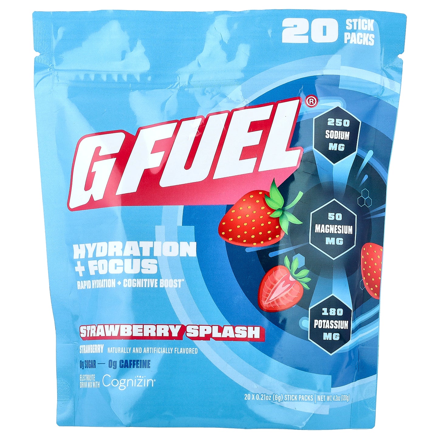 G FUEL, Hydration + Focus, Electrolyte Drink Mix with Cognizin®, Strawberry Splash, 20 Stick Packs, 0.21 oz (6 g) Each
