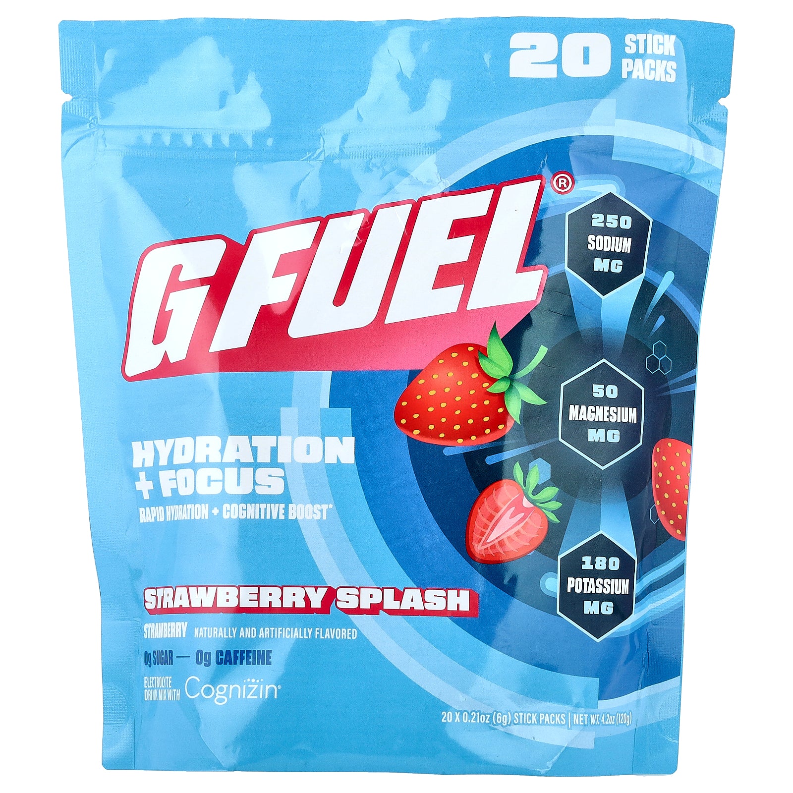 G FUEL, Hydration + Focus, Electrolyte Drink Mix with Cognizin®, Strawberry Splash, 20 Stick Packs, 0.21 oz (6 g) Each