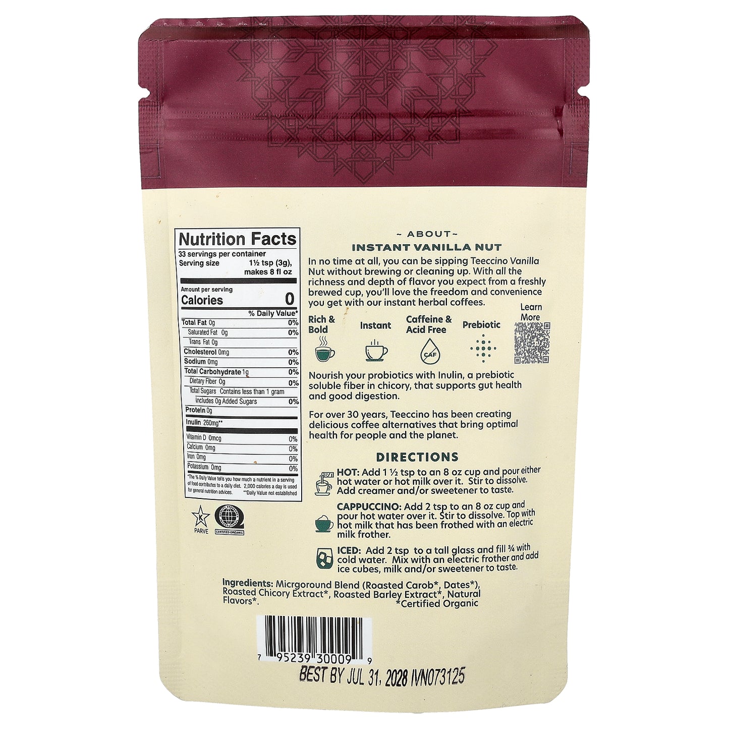 Teeccino, Instant Herbal Coffee, Vanilla Nut, Medium Roast, Caffeine Free, 3.53 oz (100 g)