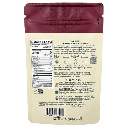 Teeccino, Instant Herbal Coffee, Vanilla Nut, Medium Roast, Caffeine Free, 3.53 oz (100 g)