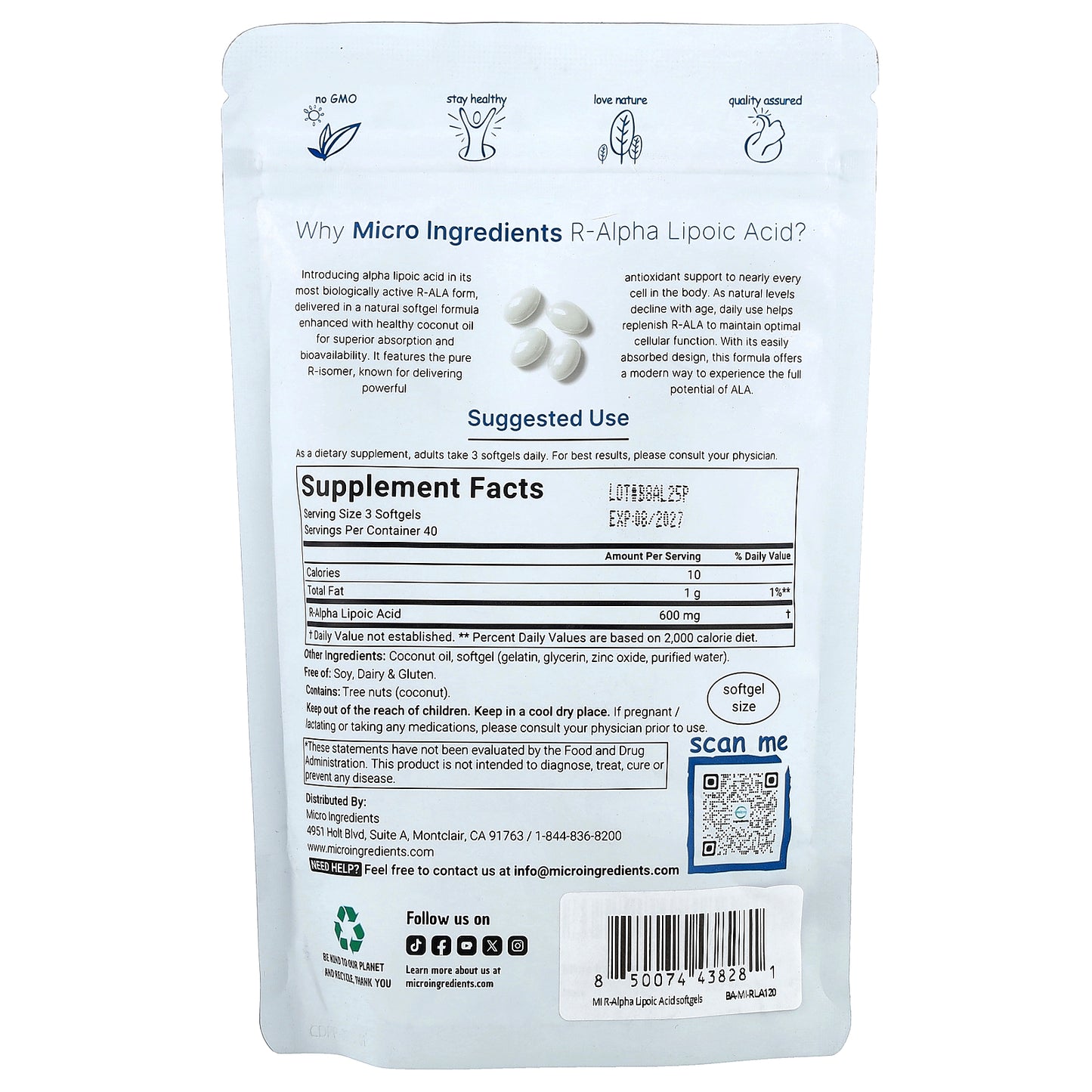 Micro Ingredients, R-Alpha Lipoic Acid, 120 Softgels (200 mg per Softgel)