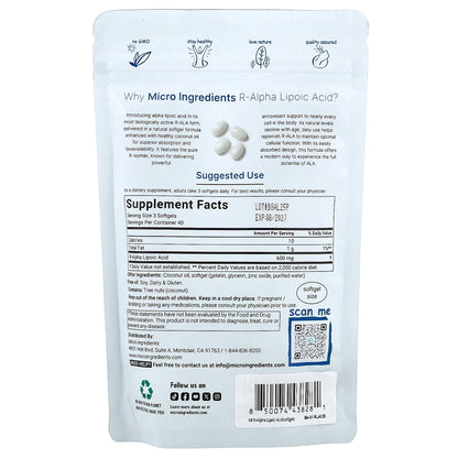 Micro Ingredients, R-Alpha Lipoic Acid, 120 Softgels (200 mg per Softgel)