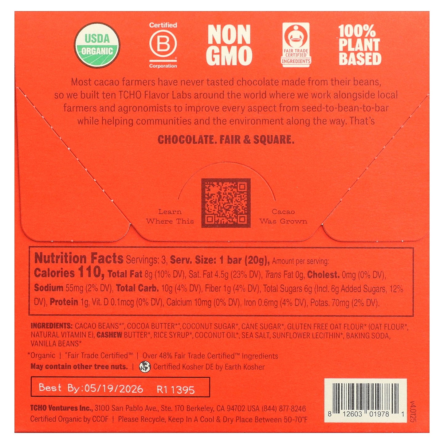 TCHO, Toffee Time, Oat Milk Chocolate With Toffee & Sea Salt, 53% Cacao, 3 Bars, 0.70 oz Each