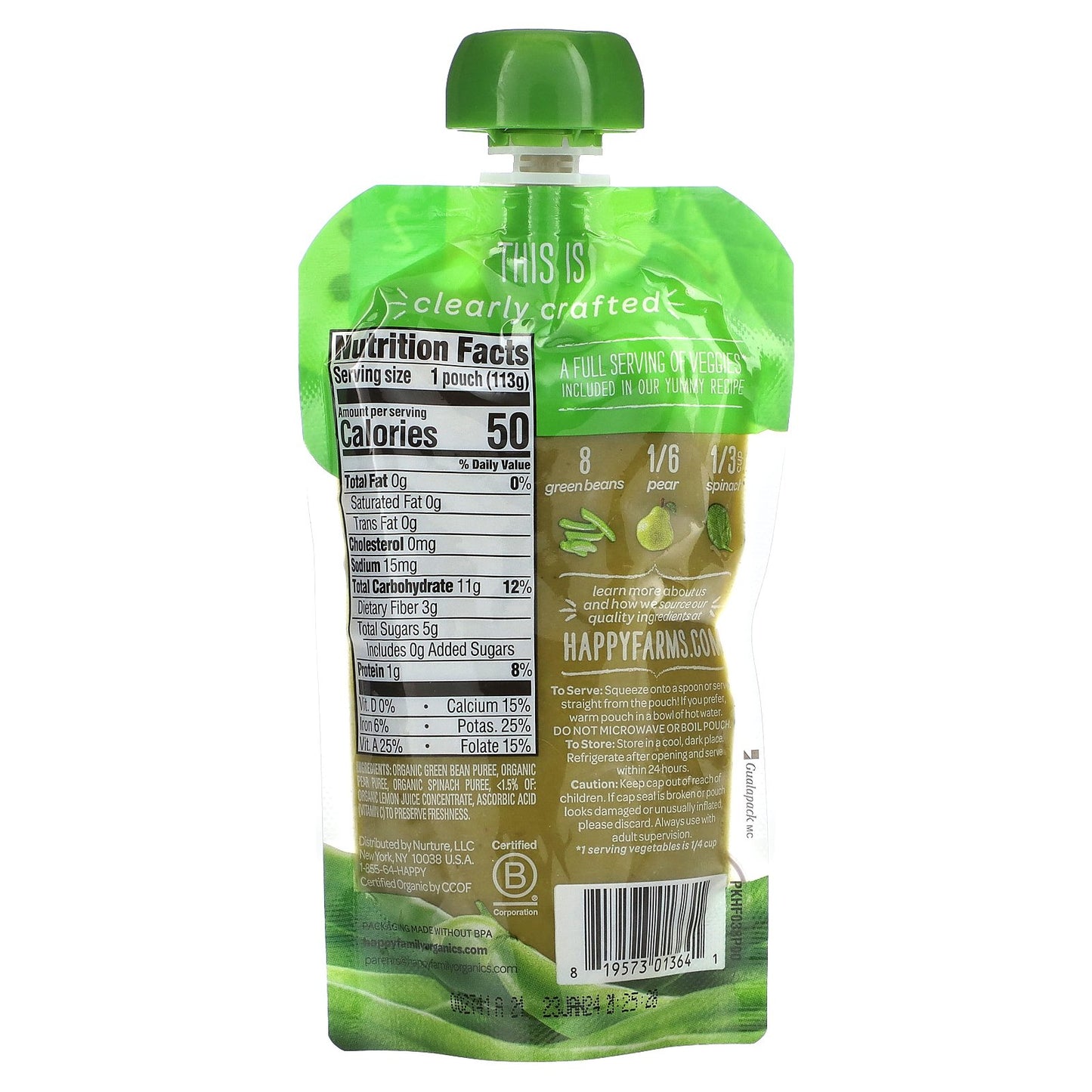 Happy Family Organics, Happy Baby®, Organic Baby Food, 6+ Months, Green Beans, Pear & Spinach, 4 oz (113 g)