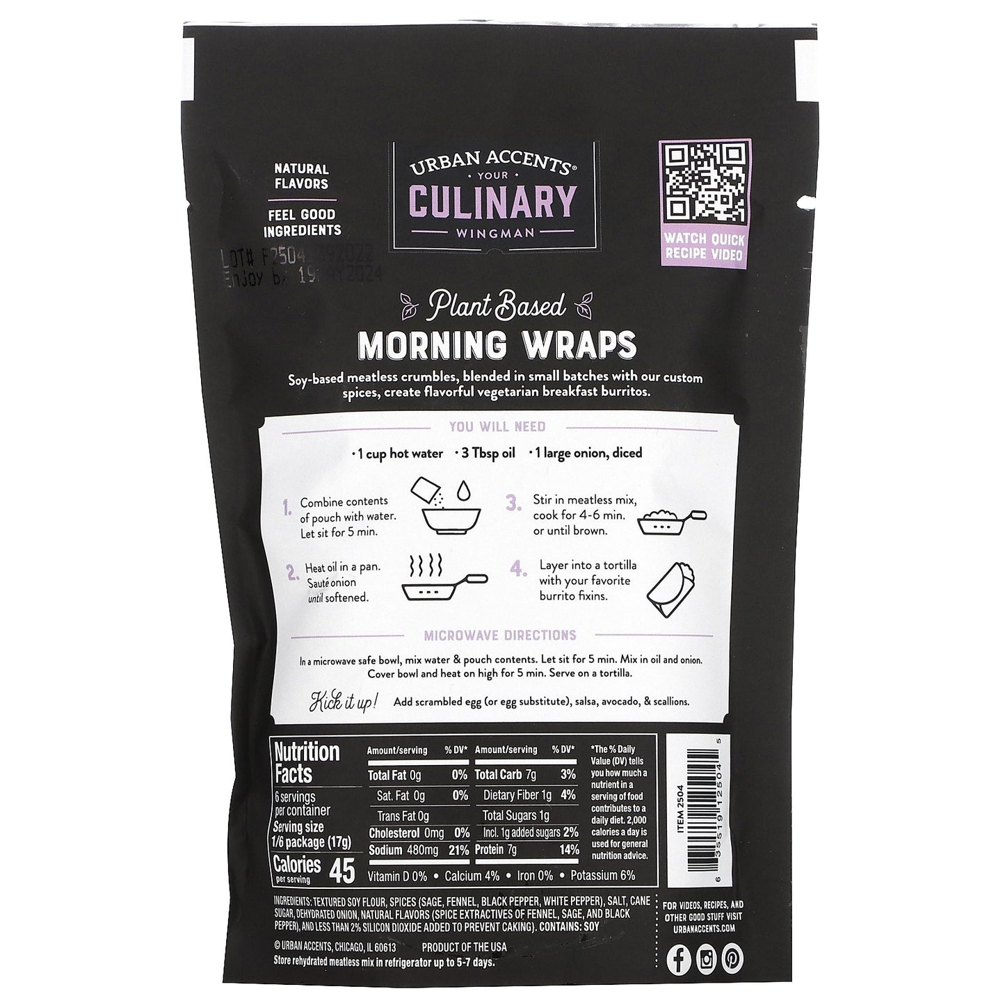 Urban Accents, Plant Based Morning Wrap, Ground Veggie Meatless Mix, Country Breakfast, 3.7 oz (105 g)