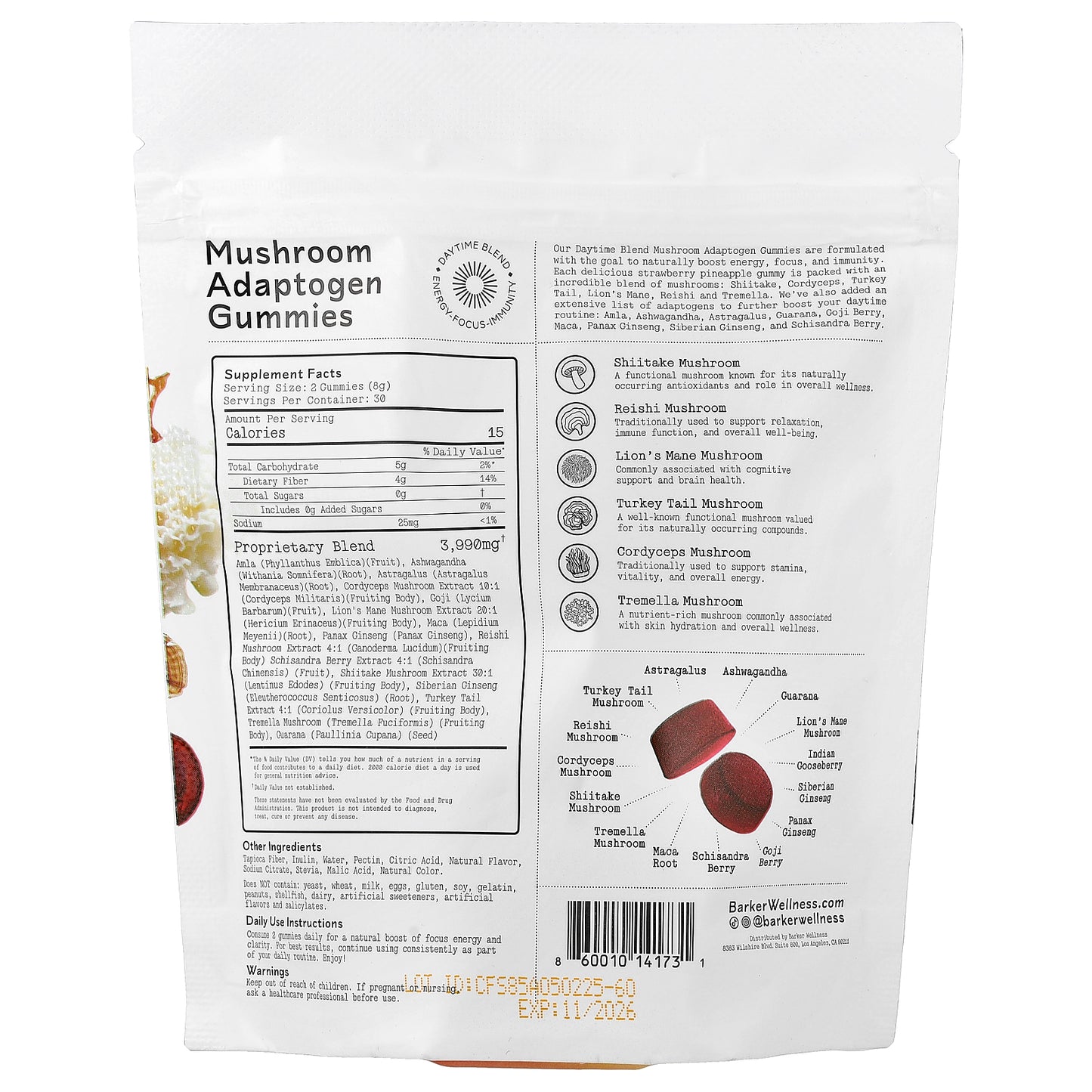 Barker Wellness Co, Daytime Blend, Mushroom Adaptogen Gummies, Strawberry Pineapple, 60 Gummies